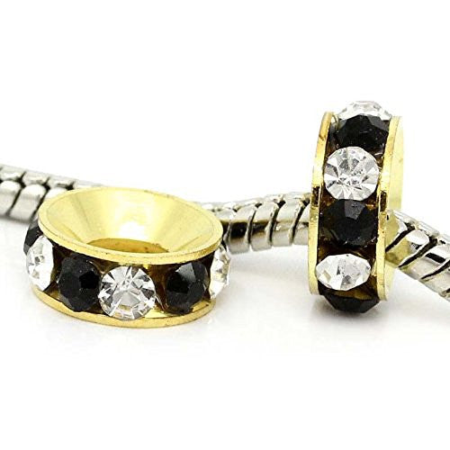 Copper European Charm Rhinestone Rondelle Spacer Beads Round Gold Plated Black & Clear Rhinestone