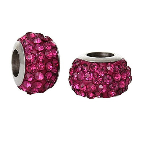 Stainless Steel European Style Charm Beads Round Silver Tone Fuchsia Rhinestone - Sexy Sparkles Fashion Jewelry - 3