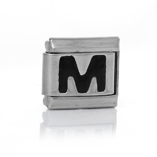 Italian Charm Bracelet Link Square Silver Tone Alphabet Letter (M)