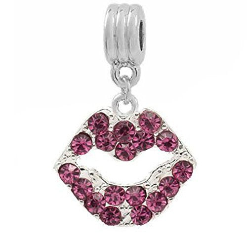 Pink Rhinestone Lips Dangle European Bead Compatible for Most European Snake Chain Bracelets