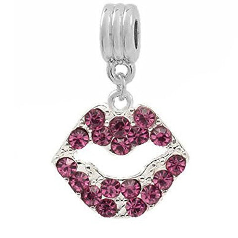Pink Rhinestone Lips Dangle European Bead Compatible for Most European Snake Chain Bracelets - Sexy Sparkles Fashion Jewelry - 1