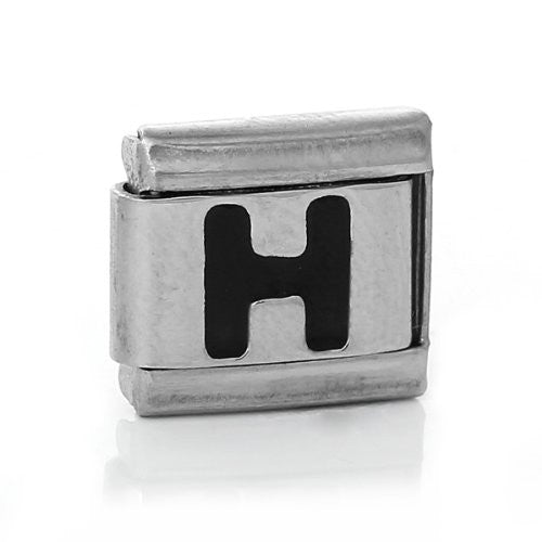 Italian Charm Bracelet Link Square Silver Tone Alphabet Letter (H)