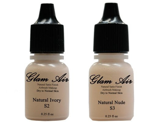 Two(2) Glam Air Airbrush Foundation Makeup S2 Natural Ivory & S3 Natural Nude in Satin Finish 0.25oz Bottles(normal to Dry Skin)