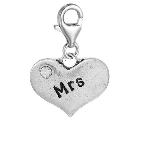 Heart Dangle 2 Sided Clear Rhinestones Pendant w/ Clear Crystal Dangle Charm Pendant w/ Lobster Clasp (Mrs)