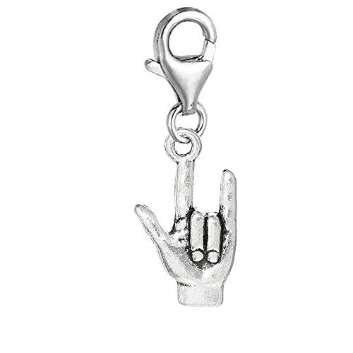 Clip on I Love You Hand Signal Dangle Pendant for European Clip on Charm Jewelry w/ Lobster Clasp
