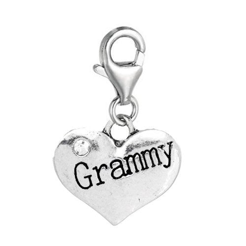 Clip on Heart Dangle 2 Sided Grammy Clear Rhinestones Pendant for Bracelet or necklace