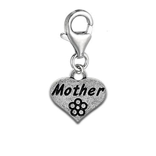 Clip on Mother Love Heart Dangle Charm Pendant for European Jewelry w/ Lobster Clasp