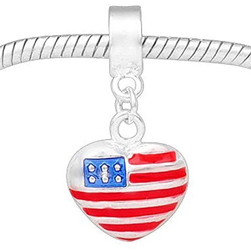 American Flag Heart  Dangle Charm European Bead Compatible for Most European Snake Chain Bracelet
