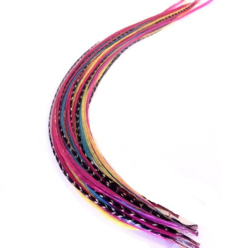 Feather Hair Extension 8-12 Yellow, Pink,aquamarine & Grizley Feathers Hair Extension Made up of 5 Quality Salon Feathers