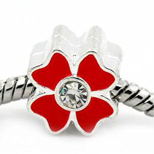 2 Sided Enamel Flower with Diamond Crystals Charm Bead (Red)