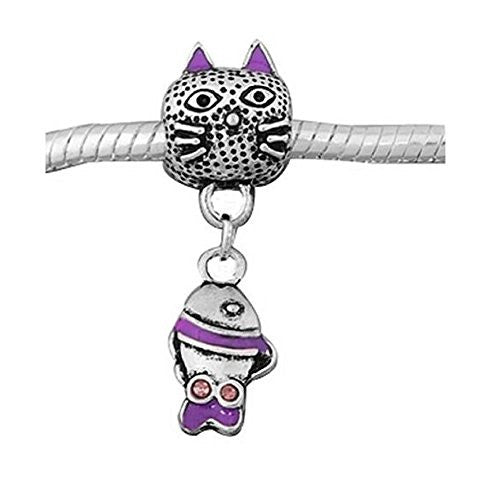 Purple Cat with Fish Bead Compatible for Most European Snake Chain Bracelet