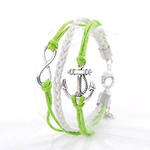 Never Ending Love Green Wax Rope Braided Bracelet with Anchor and Infinity Symbol 7 7/8