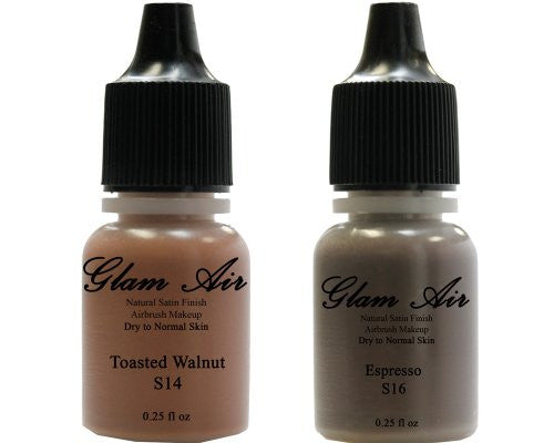 Airbrush Makeup Foundation Satin S14 Toasted Walnut and S16 Espresso Water-based Makeup Lasting All Day 0.25 Oz Bottle By Glam Air