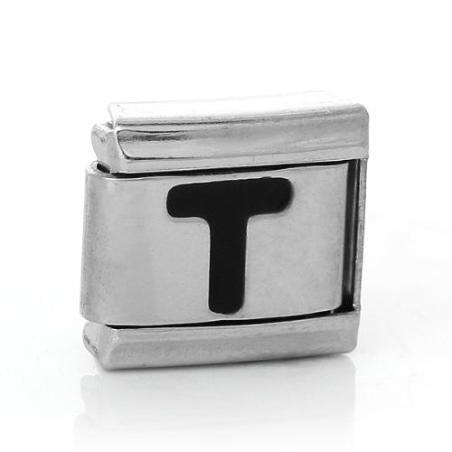 Italian Charm Bracelet Link Square Silver Tone Alphabet Letter (T)