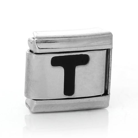 Italian Charm Bracelet Link Square Silver Tone Alphabet Letter (T) - Sexy Sparkles Fashion Jewelry - 1