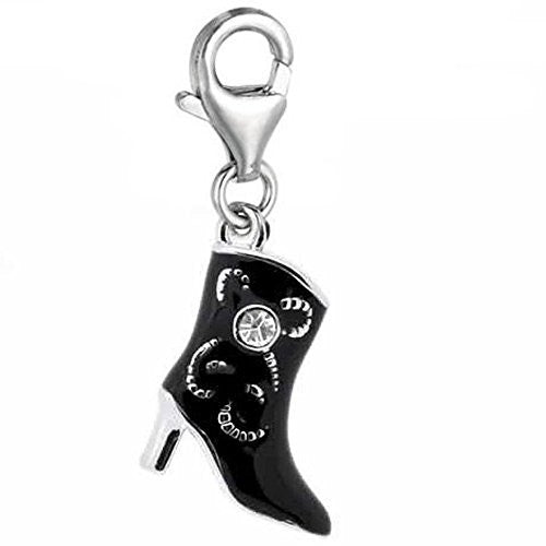 Clip on Black Cowboy Boot Dangle Charm Pendant for European Clip on Charm Jewelry w/ Lobster Clasp - Sexy Sparkles Fashion Jewelry