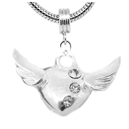 Heart Wings Charm w/ Crystals Dangle Bead Spacer For Snake Chain Charm Bracelet