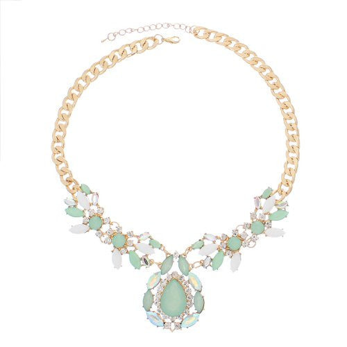 Fashion Jewelry Necklace Gold Tone with Clear Rhinestone Green AB  Acrylic Stones