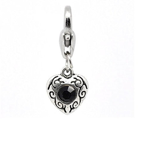 Antique Silver Black Rhinestone Heart Clip On Charms. Fits Thomas Sabo 26x10mm, - Sexy Sparkles Fashion Jewelry - 1