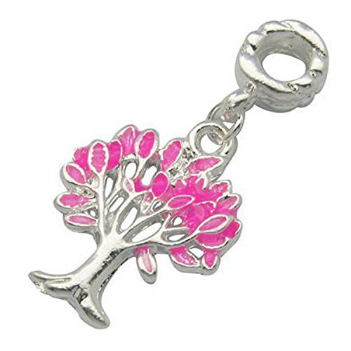 Tree of Life Pink Enamel Dangle European Bead Compatible for Most European Snake Chain Bracelet