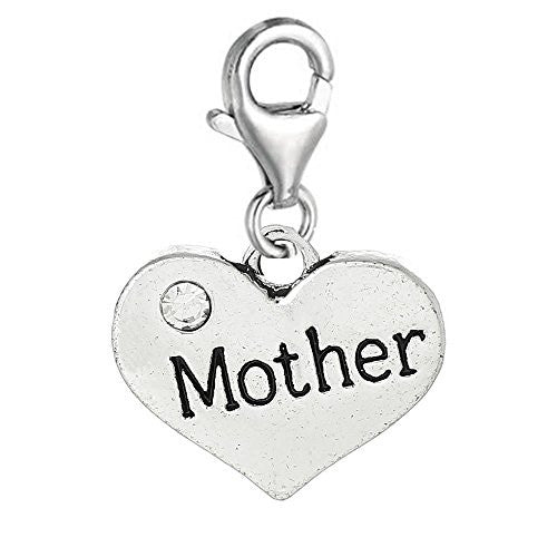 Heart 2 Sided w/ Clear  Crystal Stones Mother Charm Clip On Pendant w/ Lobster Clasp - Sexy Sparkles Fashion Jewelry