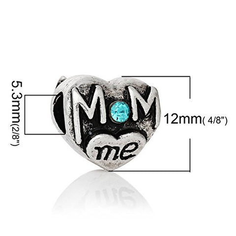 Mom and Me Heart W/Blue Rhinestones Charm Spacer European Bead Compatible for Most European Snake Chain Bracelet - Sexy Sparkles Fashion Jewelry - 3