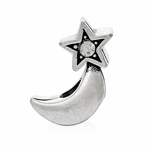 Moon Star W/Clear  Crystals Bead Compatible for Most European Snake Chain Bracelet - Sexy Sparkles Fashion Jewelry - 1