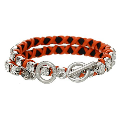 Cowhide Leather Toggle Clasp Bracelet Orange Clear Rhinestone 42cm(16 4/8") - Sexy Sparkles Fashion Jewelry - 2