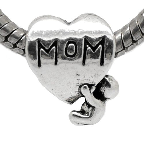 Moms Baby Heart Charm European Bead Compatible for Most European Snake Chain Bracelet