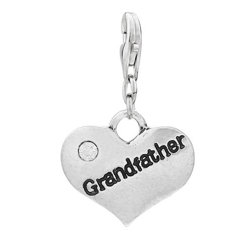 Heart Dangle 2 Sided Clear Rhinestones Pendant w/ Clear Crystal Dangle Charm Pendant w/ Lobster Clasp (Grandfather)