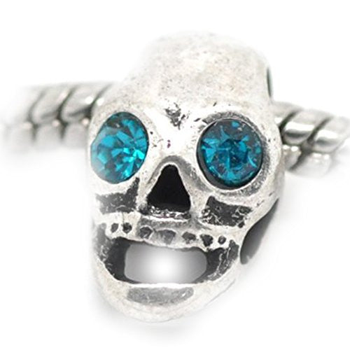 Human Face Skull with Blue Rhinestones Charm Spacer European Bead Compatible for Most European Snake Chain Bracelet