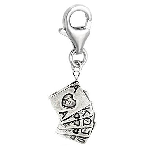 Clip on Poker Cards Charm Pendant for European Jewelry w/ Lobster Clasp