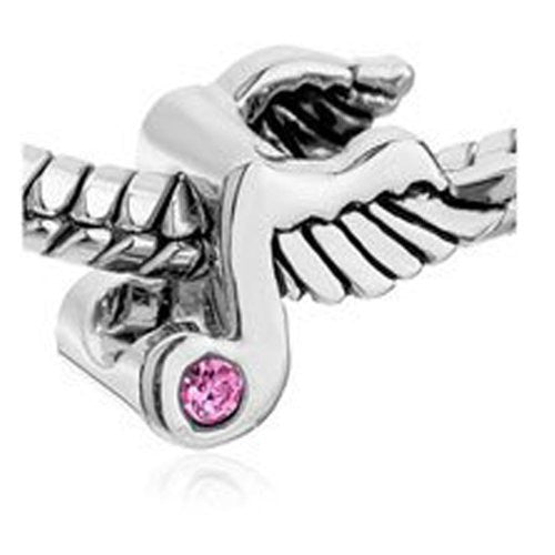 Angel Wings Music Note W/pink  Crystal Charm European Bead Compatible for Most European Snake Chain Bracelet