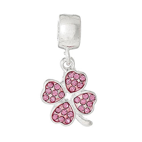 Four Leaf Clover With Pink Crystals for European Snake chain charm Bracelet