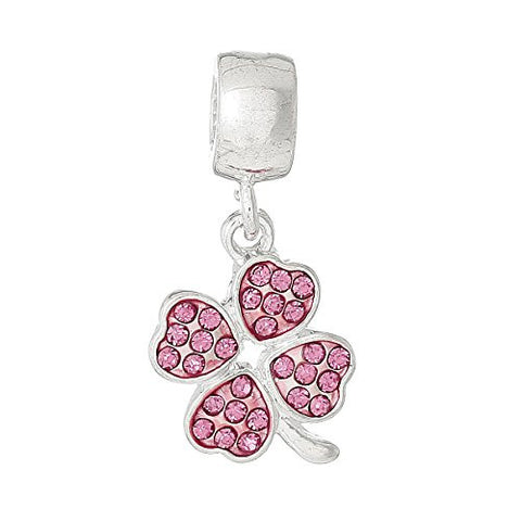 Four Leaf Clover With Pink Crystals for European Snake chain charm Bracelet - Sexy Sparkles Fashion Jewelry - 1
