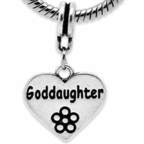 Goddaughter Heart Dangle Charm European Bead Compatible for Most European Snake Chain Bracelet