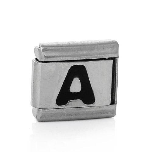 Italian Charm Bracelet Link Square Silver Tone Alphabet Letter (A)