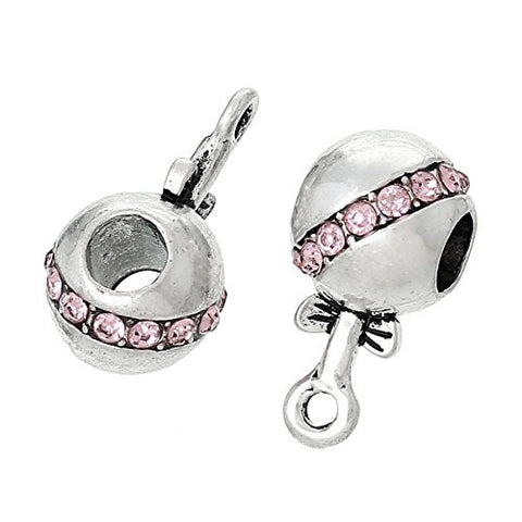 Pnk Baby Rattle w/ Bow and Created Crystals Charm Bead - Sexy Sparkles Fashion Jewelry - 2