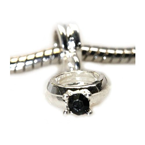 Black  Rhinestone Engagement Ring Dangle Charm European Bead Compatible for Most European Snake Chain Bracelet