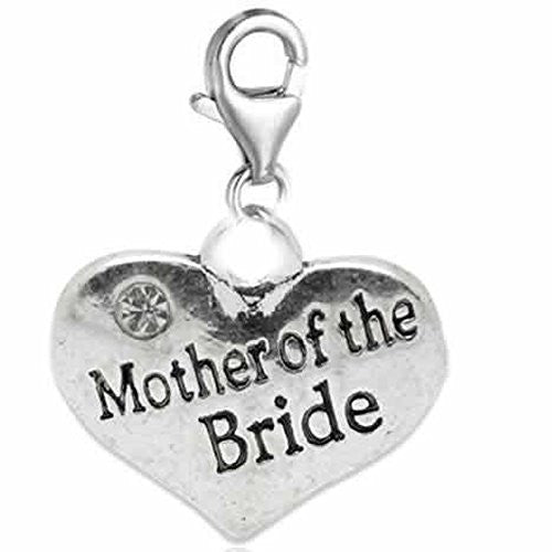 Clip on Wedding Mother of the Groom Heart w/ Crystals Charm Dangle Pendant for European Clip on Charm Jewelry w/ Lobster Clasp