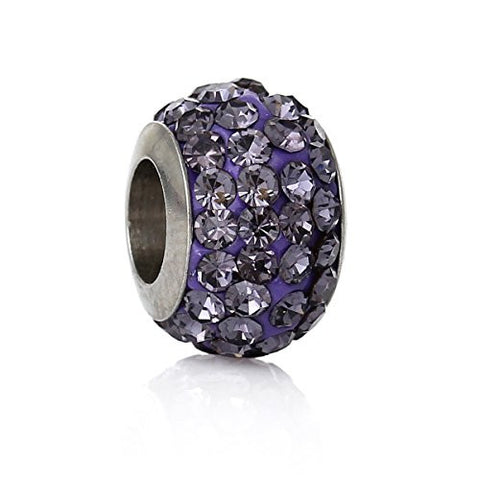 Stainless Steel European Style Charm Beads Round Silver Tone Purple Rhinestone - Sexy Sparkles Fashion Jewelry - 1
