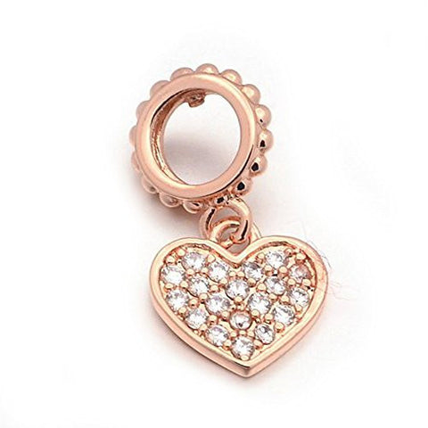 High Quality Rose Gold Tone Clear  Cubic Zirconia Heart Dangle Charm European Bead Compatible for Most European Snake Chain Bracelet - Sexy Sparkles Fashion Jewelry - 1