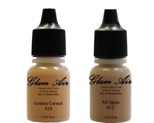 Airbrush Makeup Foundation Satin S10 Golden Carmel and S12 All Spice Water-based Makeup Lasting All Day 0.25 Oz Bottle By Glam Air