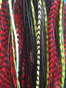 4-6 Red,green,black & Grizzly Remix  Feathers for Hair Extension with Salon Quality Feathers for hair extension - Sexy Sparkles Fashion Jewelry