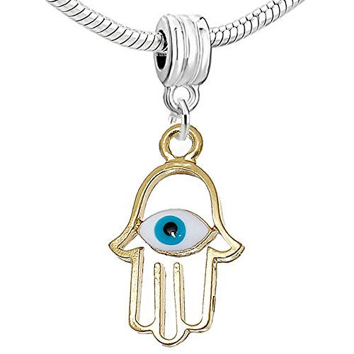 Hamsa Symbol Hand Gold Tone Blue Evil Eye Pattern European Bead Compatible for Most European Snake Chain Bracelet - Sexy Sparkles Fashion Jewelry