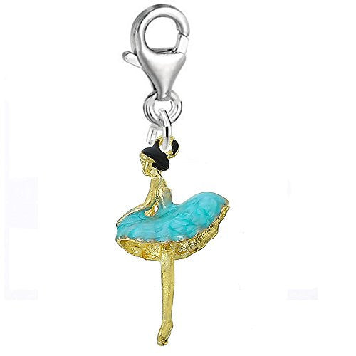 Ballerina Dancer in Blue Dress Clip on Pendant for European Charm Jewelry with Lobster Clasp