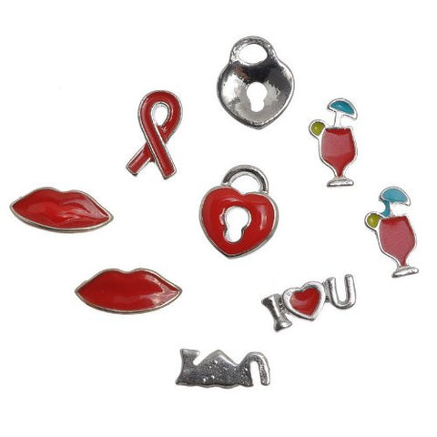Set of 5 Floating Locket Charms (I Love You,heart Lock,lip/kiss,awareness Ribbon & Glass Drink) - Sexy Sparkles Fashion Jewelry - 3
