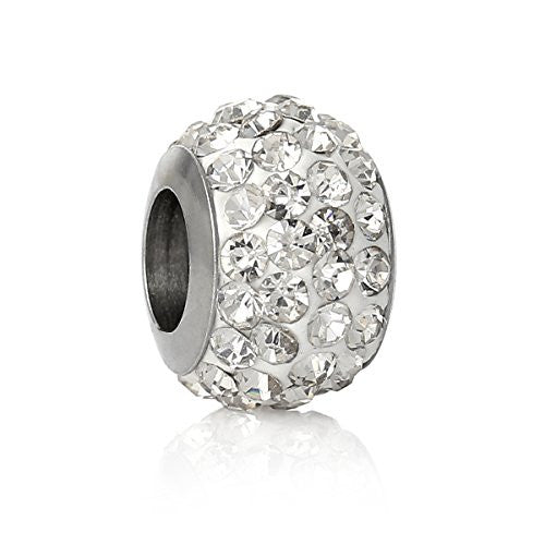 Stainless Steel European Style Charm Beads Round Silver Tone Clear Rhinestone