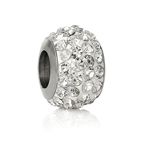 Stainless Steel European Style Charm Beads Round Silver Tone Clear Rhinestone - Sexy Sparkles Fashion Jewelry - 1