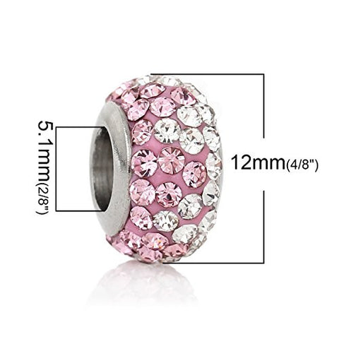Stainless Steel European Style Charm Beads Round Silver Tone With Pink & Clear Rhinestone - Sexy Sparkles Fashion Jewelry - 3
